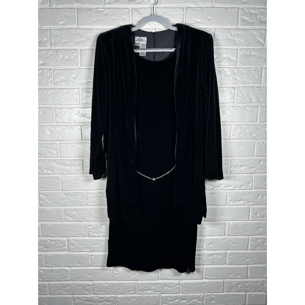 Vintage J.B.S. Size 12 Black Velvet Layered Fran Fine 90s Shoulder Pad Dress